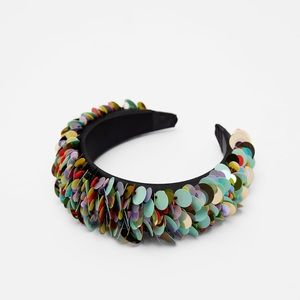 ZARA Padded Headband XL Wide Large Sequin Multicolored Green Rainbow Size Medium